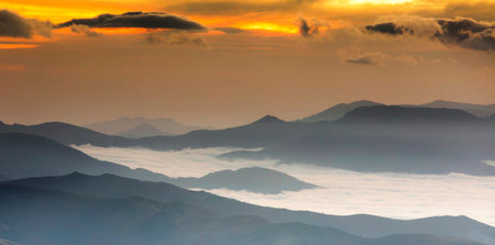 Beautiful sunrise over the mountain range in the morning, Thailand.の写真素材