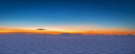 Panorama of Salt Flats at sunset, Salar de Uyuni, Boliviaの写真素材