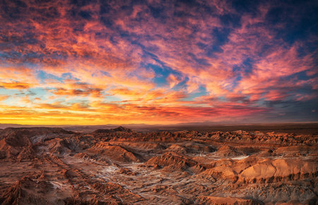 Landscape of the Moon Valley at sunset in Atacama desert, Chileの写真素材