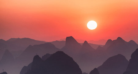 Sunset over Huangshan Mountain, Guilin, Chinaの写真素材