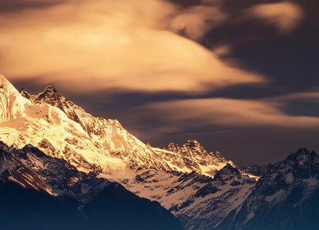Mountain landscape at sunset. Himalaya, Nepal. Vintage style.の写真素材