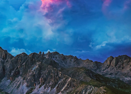 Dramatic sunset in the Dolomites, Italy, Europeの写真素材