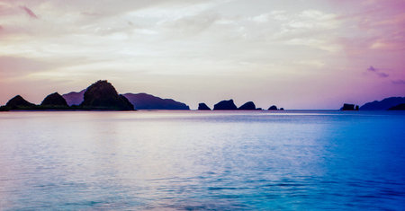Beautiful seascape at sunset in Thailand. Vintage style.の写真素材