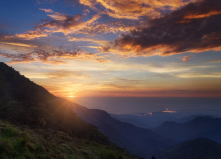 Sunset at the top of Doi Inthanon, Chiang Mai, Thailandの写真素材