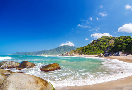 Beautiful seascape with big granite boulders on tropical beachの写真素材