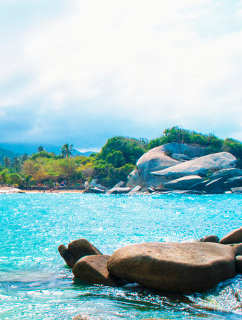Tropical beach with granite bouldersの写真素材