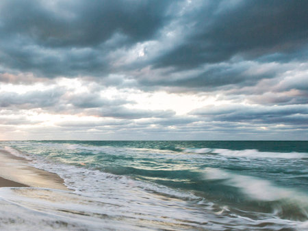 Beautiful seascape with stormy clouds over the sea.の写真素材