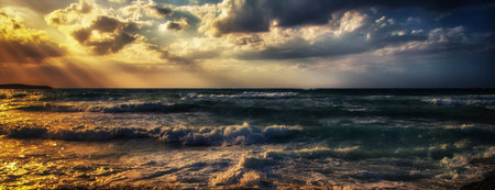 Panoramic view of stormy sea. Dramatic sky with stormy clouds.