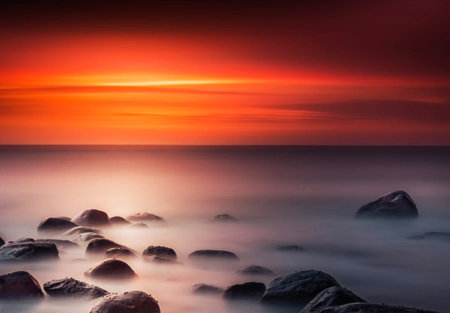 Beautiful seascape with colorful sunset over the sea. Long exposureの写真素材