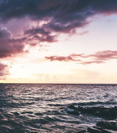 Beautiful seascape. Dramatic sunset over the sea. Toned.