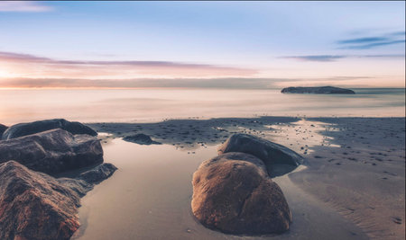 Beautiful seascape at sunset. Long exposure shot. Toned.の写真素材