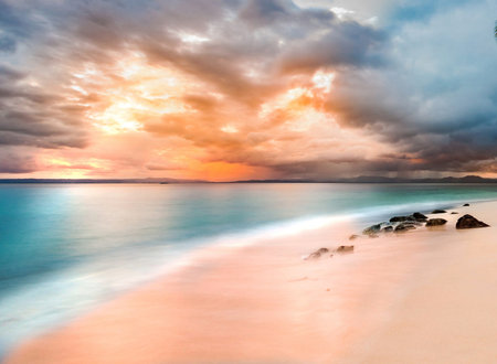 Beautiful seascape at sunset on tropical island.の写真素材