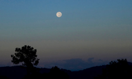 Full moon on the sky in the evening at Phu Kradueng National Park, Loei, Thailandの写真素材