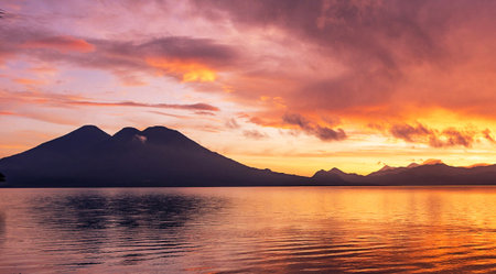 Sunset over Lake Atitlan, Guatemala, Central America.の写真素材