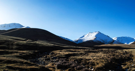 Mountain landscape with snow and clear blue sky in Cordillera Blanca, Peruの写真素材