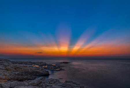 Sunset on the coast of the Mediterranean Sea in Cyprus. Long exposure photo