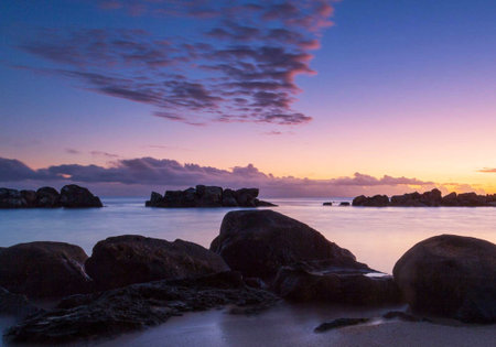 Sunset at the beach of Anse Lazio, Praslin, Seychellesの写真素材
