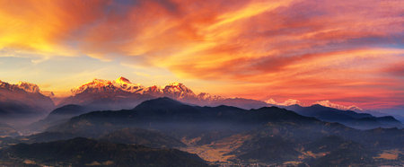 Panoramic view of the Himalayas at sunset.の写真素材