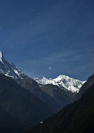 Mountain landscape at night, Annapurna Conservation Area, Nepalの写真素材