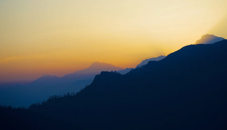 Mountain landscape at sunset. View from the top of the mountain.の写真素材