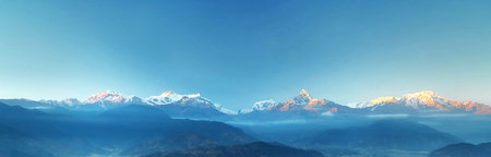 Panoramic view of mountain range in morning light, Nepalの写真素材
