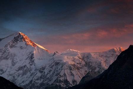 Sunset in the Himalayas, Annapurna Conservation Area, Nepalの写真素材