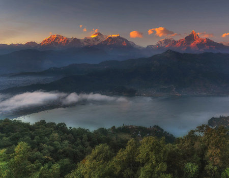 Aerial view of mountain range at sunrise, Pokhara, Nepalの写真素材