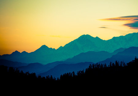 Silhouette of mountain range at sunset, Himalayas, Nepalの写真素材