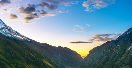 Panoramic view of the mountains at sunset.の写真素材