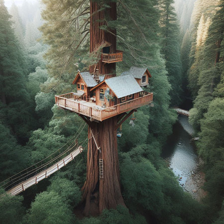 Aerial view of wooden bridge in Sequoia National Park, California, USAの素材