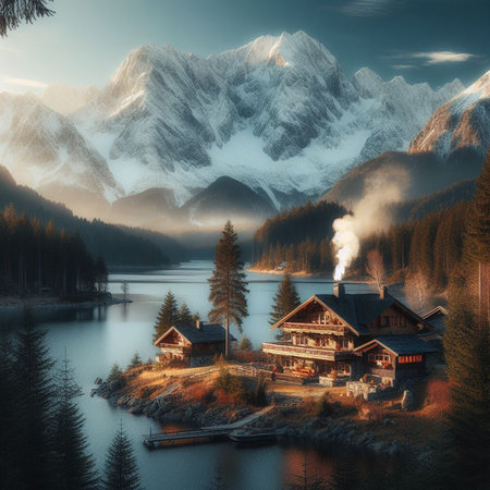 Beautiful mountain lake with wooden houses in the mountains at sunset.の素材