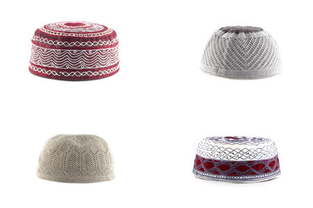 collection kopiah hat  for muslims isolated on white backgroundの写真素材