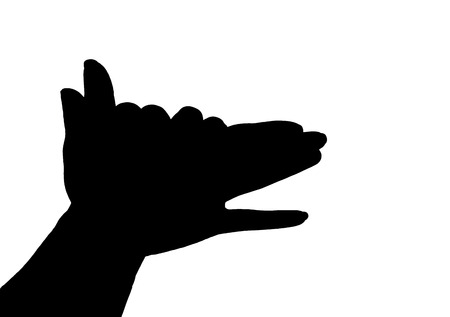 Silhouette of hands like dog isolated on white background.の写真素材