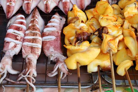 Grilled Squid in the market. Delicious sea food.