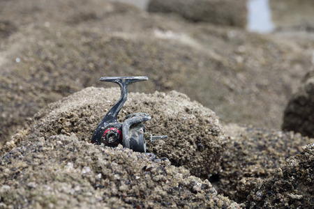 Old Fishing Reel on stone seasideの写真素材