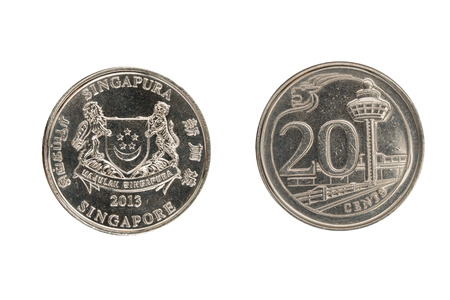 Singapore coin 20 cents isolated on white background.の写真素材