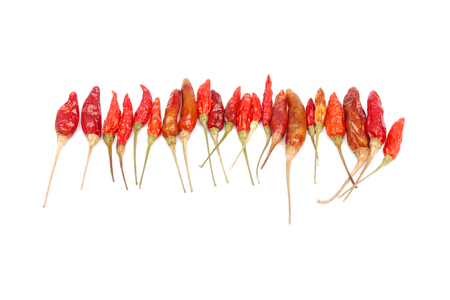 Dried hot chili peppers on white background.の写真素材