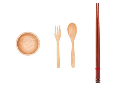 Top view : wooden spoon, wooden cup and wooden chopsticks isolated on white background.の写真素材