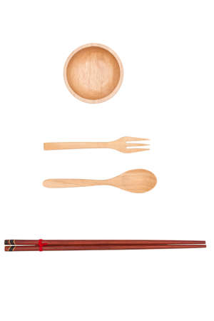 Top view : wooden spoon, wooden cup and wooden chopsticks isolated on white background.の写真素材