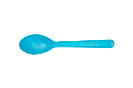 Top view : blue spoon plastic isolated on white background.の写真素材