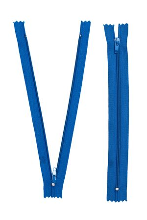 blue zippers isolated on white background.の写真素材