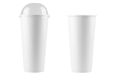 Empty white paper cup isolated on white backgroundの写真素材