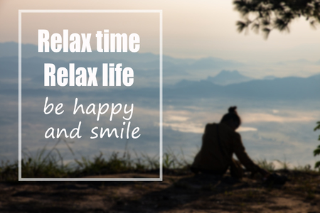 Inspirational quote with blurred background of woman sitting serenely of the cliff and looking at the valley and mountains in the morning - inspiring creative motivationの写真素材