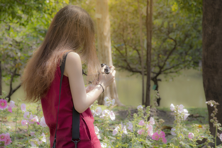 woman photographer with camera shoot in a garden - soft focusの写真素材