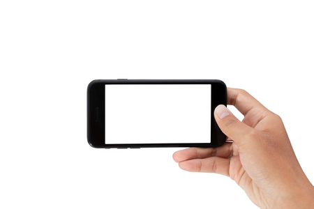 hand holding smartphone isolated on white background - clipping pathsの写真素材
