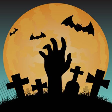 Halloween silhouette background, zombie hand on the graveyard in night sky background - Vector illustration.のイラスト素材