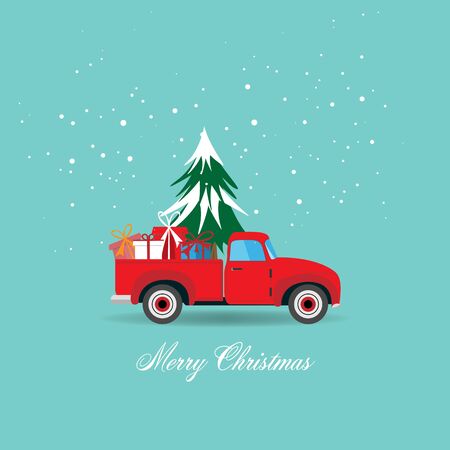 Merry Christmas and Happy New Year greeting card background with pickup truck with christmas tree and gift box - vector illustration.のイラスト素材