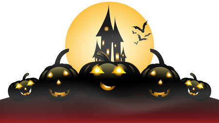 Halloween party banner, Full Moon, Haunted House, and Pumpkins isolated on white background. Holiday party invitation poster, greeting card, party invitation, Vector illustration.のイラスト素材