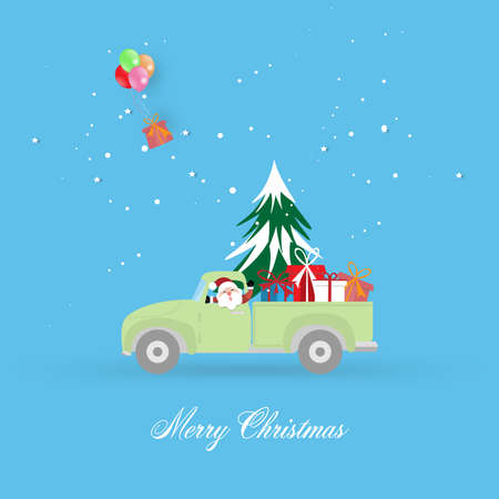 Merry Christmas and Happy New Year greeting card background with pickup truck with christmas tree and gift box - vector illustration.のイラスト素材