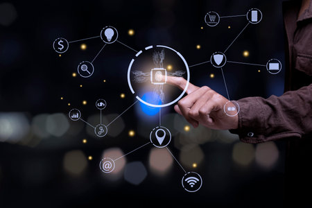 Technology fingerprint scan provides security. connection network. Business communication concept.